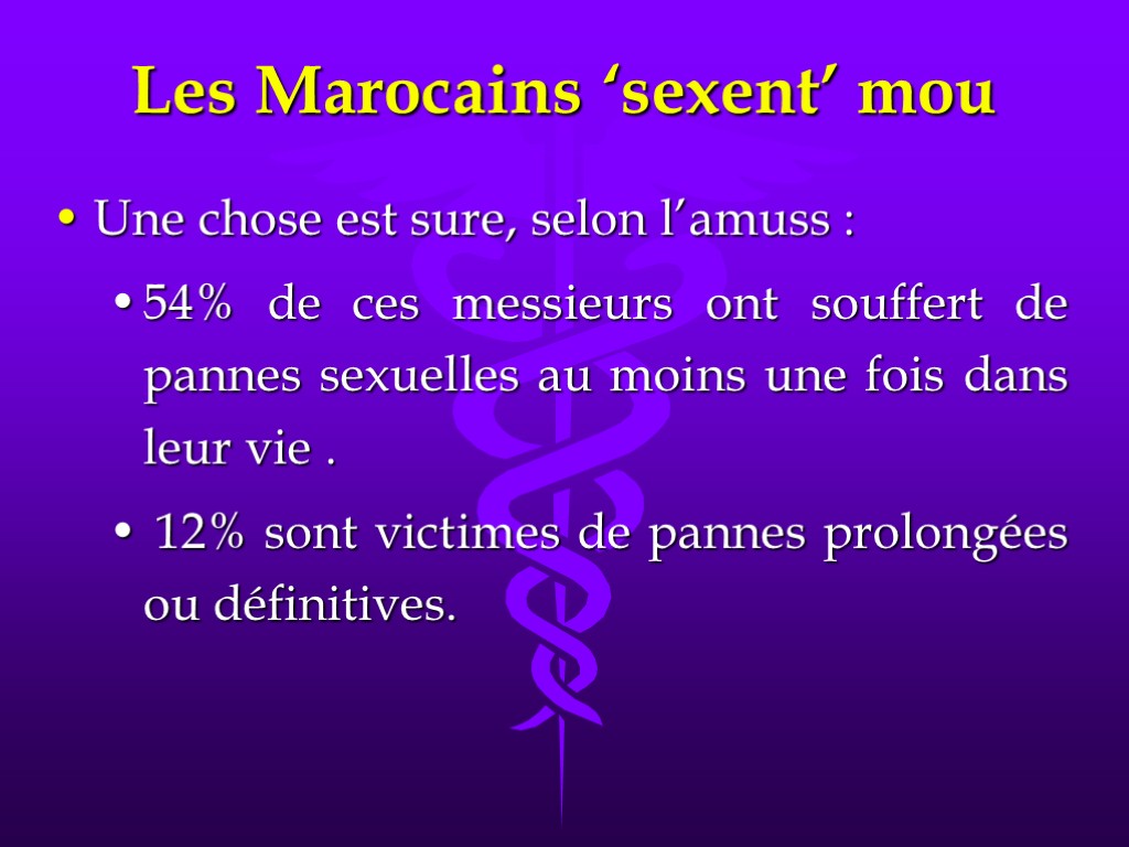 Les Marocains ‘sexent’ mou Une chose est sure, selon l’amuss : 54% de ces